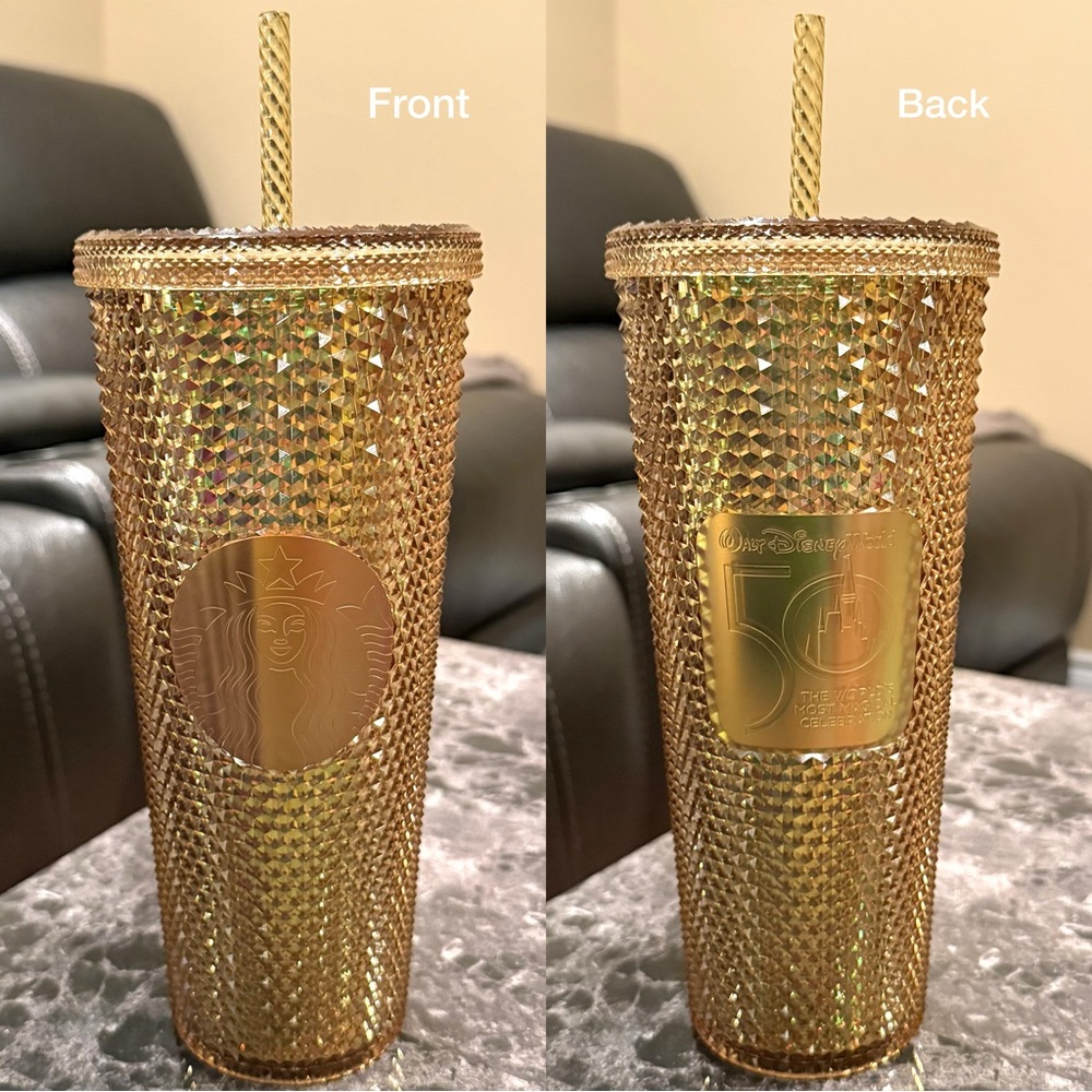 Brand New Walt Disney World 50th Anniversary Starbucks Gold Studded Tumbler 24oz